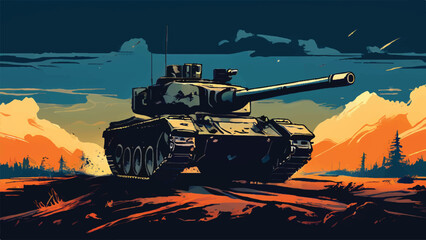 Wall Mural - Military tank. A Battlefield Landscape with war machine tank. A combat tank. Battle-tank. War machine. Tank Vector Illustration. 