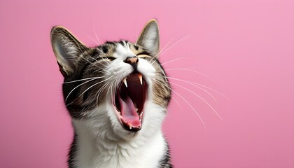 Wall Mural - Yawning cat against a playful pink backdrop