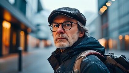 Middle-aged man in glasses and winter attire with a backpack stands in a bustling modern metropolis amid a snowy landscape