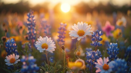 Canvas Print - Sunset in a Flower Field