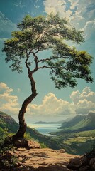 Wall Mural - Serene Mountain Landscape with a Lone Tree and Distant Ocean