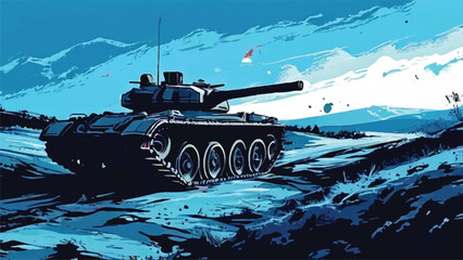 Wall Mural - Military tank on battlefield. A combat tank. Battle-tank. War machine. Tank Vector Illustration. 