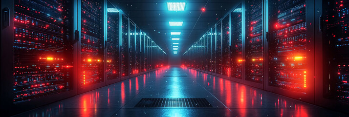 Wall Mural - A server room with glowing red lights and blue lights, with a futuristic feel.