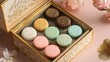 © ShinneProject - A box of assorted mooncakes in a decorative box, surrounded by flowers, on a pink background.