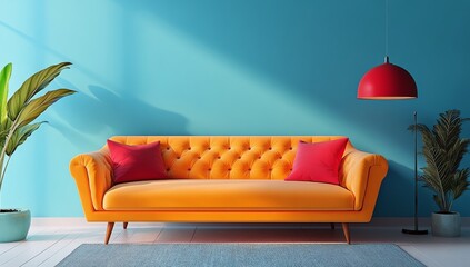 Wall Mural - Bright orange sofa with red cushions against a blue wall in a stylish living room