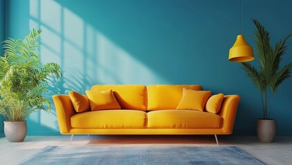 Wall Mural - Bright orange sofa with red cushions against a blue wall in a stylish living room