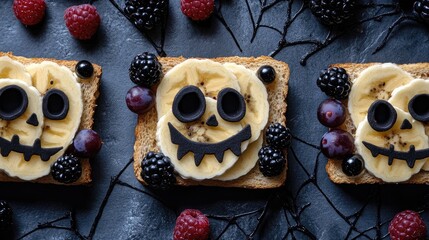 Halloween fruit sandwiches with eerie designs, using sliced bananas, berries, and black grapes, all arranged in spooky patterns.