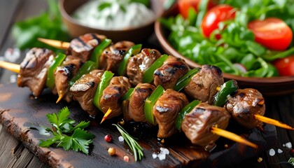 Sizzling shish kebabs featuring juicy meat and vibrant fresh vegetables perfect for lively barbecue gatherings