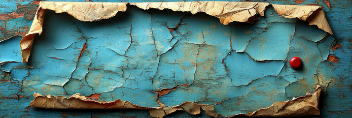 Poster - Cracked blue paint on an old wooden surface with a red button in the corner.