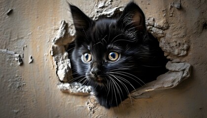 Wall Mural - Curious black kitten gazing from a hidden nook in the wall