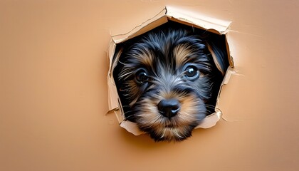 Wall Mural - Adorable puppy curiously peeking through a wall hole