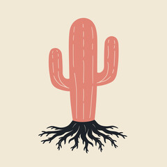 Wall Mural - illustration of a pink cactus with prominent black roots on a neutral background.