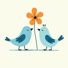 Illustration of two blue birds facing each other with an orange flower between them.