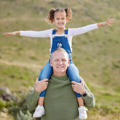 Poster - Love, airplane and portrait of old man and granddaughter in nature for freedom, travel and holiday. Bonding, happiness and energy with people in countryside for game, family and support together