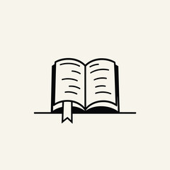 Poster - minimalist black and white line drawing of an open book with a bookmark on a light background.