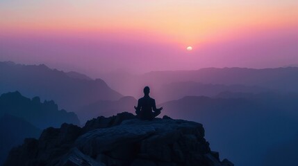 Poster - Silhouette of a Person Meditating at Sunrise in the Mountains