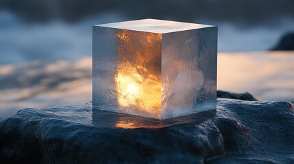 Poster - Glass Cube Reflecting Sunset on Rocks