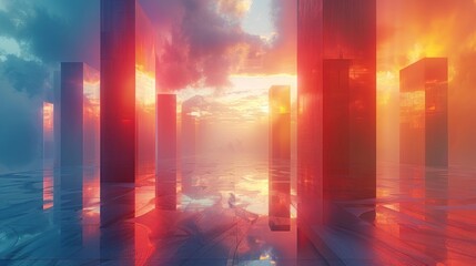 Sticker - Abstract Red Sunset Landscape with Glass Pillars