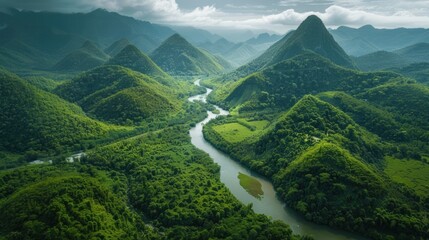 Sticker - Serene River Winding Through Lush Green Mountains