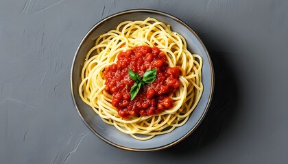 Wall Mural - Bowl of spaghetti adorned with rich tomato sauce against a soft grey background, viewed from above