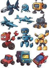 Poster - Cartoon robot, car, spaceship, and vehicle illustrations for kids.