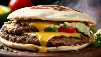 A hot quesadilla burger with melted cheese and juicy beef patty, served with fresh toppings for a delicious and satisfying meal.