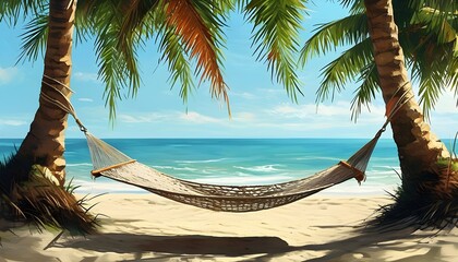 Wall Mural - Serene beach escape with a hammock swaying between palm trees under a clear blue sky