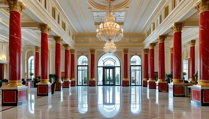 Wall Mural - Opulent main hall showcasing marble floors and elegant red classical columns in a luxurious hotel or palace