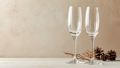 Stylish glass champagne glasses on a soft beige backdrop with ample empty copy space for text or design elements