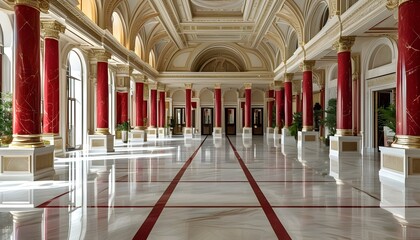 Wall Mural - Opulent main hall showcasing marble floors and elegant red classical columns in a luxurious hotel or palace