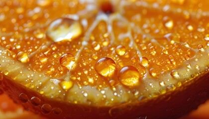 Vibrant close-up of a fresh orange glistening with water droplets, highlighting its juicy and refreshing appeal