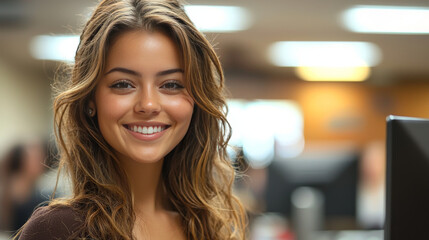 Wall Mural - Smiling woman with long brown hair.