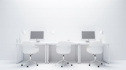 Wall Mural - Minimalist white office workspace with three desks, computers, chairs and lamps.