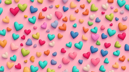 A colorful heart pattern on a pink background. The hearts are of different colors and sizes, creating a vibrant and cheerful atmosphere