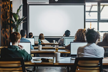 Four people in business attire sitting at office desks using laptops in a meeting room with white, black, and grey furniture against a wall with large window.