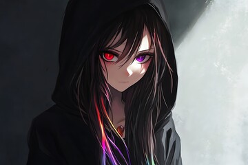 Canvas Print - Anime girl with black hoodie and red and purple eyes