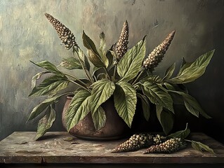 Wall Mural - Still Life with Green Plant and Brown Pot