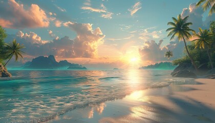 Tropical beach sunset with palm trees and calm ocean

