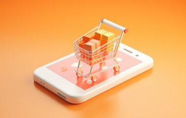 Wall Mural - A small shopping cart filled with gifts sits on top of a smartphone against an orange background.