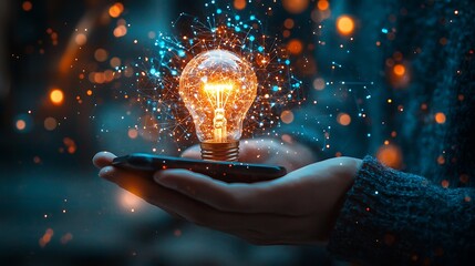 Canvas Print - Hand holding smartphone with glowing light bulb and sparklers, concept of innovation, technology, and creativity