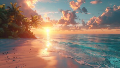 Tropical beach sunset with palm trees and calm ocean

