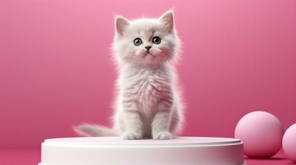 Canvas Print - Cute White Kitten on Pink Background