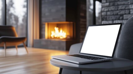 Mockup of modern laptop on end table with fireplace in background, AI-generative