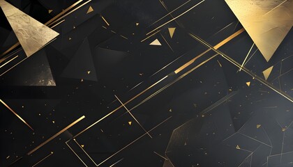 Dynamic geometric patterns featuring golden lines and dark triangles against a black backdrop, ideal for modern wallpapers and sleek presentations