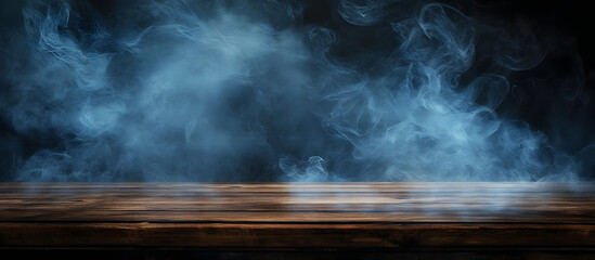 Wall Mural - A dark background enhances the visual appeal of an empty wooden table with smoke rising creating an atmospheric and artistic copy space image