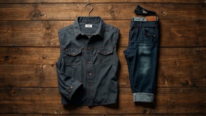 Wall Mural - Men's casual wear mockup on rustic wood.