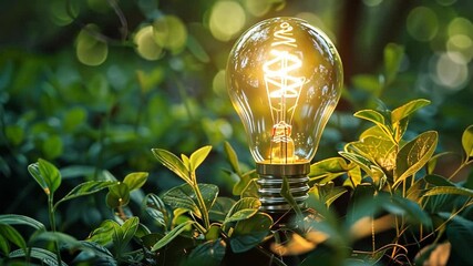 Leinwandbilder - The warm glow of a light bulb shines brightly amidst fresh green foliage, creating a tranquil atmosphere in a garden setting during the late afternoon.