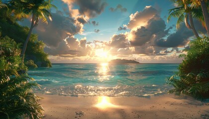 Tropical beach sunset with palm trees and calm ocean

