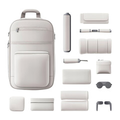 A stylish, minimalist white backpack surrounded by various sleek accessories, highlighting modern design and organization.