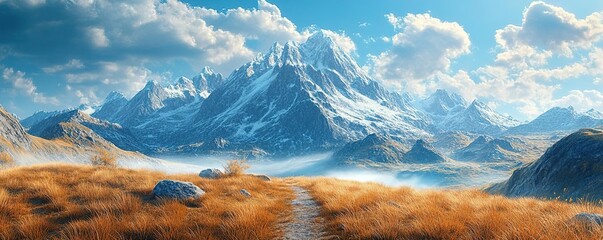 Breathtaking mountain landscape with snow-capped peaks, vibrant grass, and clear skies, ideal for nature and adventure themes.